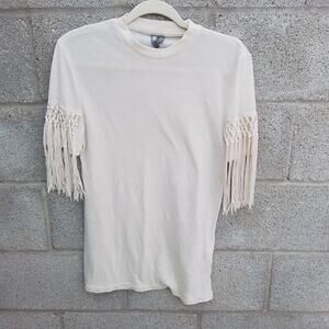 ASOS‎ Womens Tee Cream 2XS Soft Short Sleeve Knit Top Scoop Neck Fringe